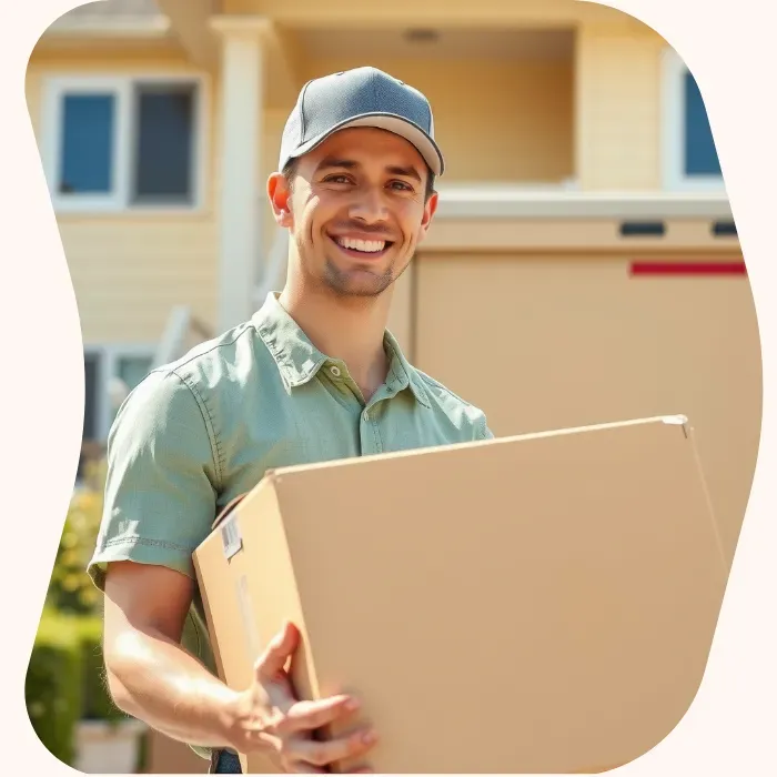 Two removalists moving boxes up stairs